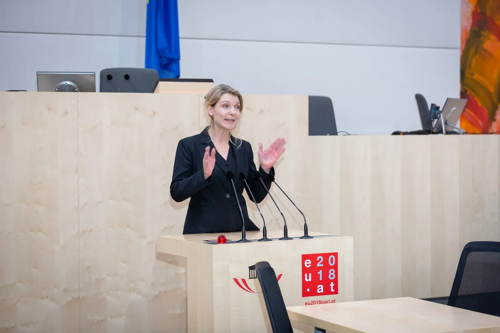Maria Stern spricht am Rednerpult im österreichischen Parlament